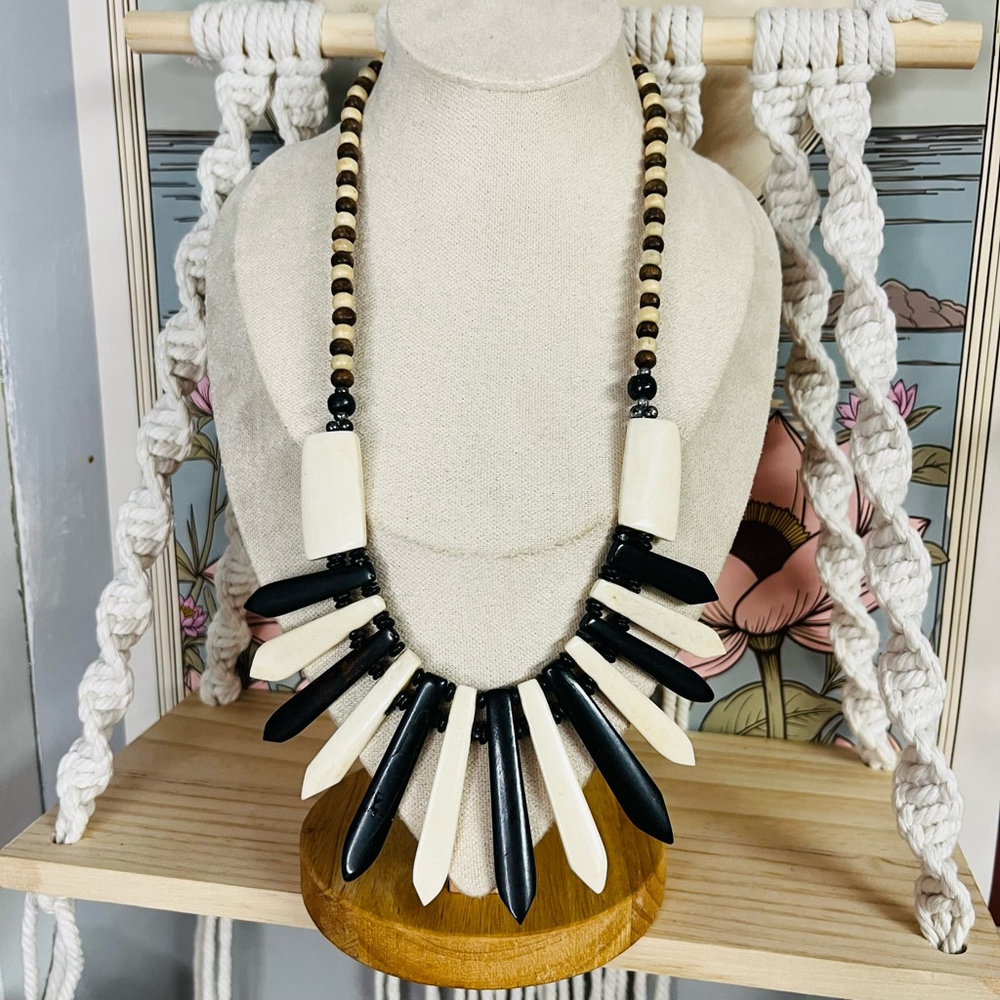 Vintage Carved Bone Statement Necklace Beaded Bib Boho‎ Hippie Style